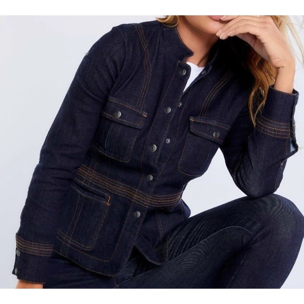 Anatomie Indigo Dark Wash Denim Friday Jacket Size L Snap Front Contrast Stitch